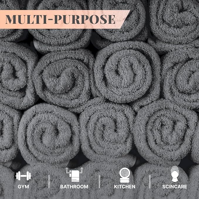 White Classic Wealuxe Dark Gray Washcloths 24 Pack - 600 GSM 100% Ring-Spun Cotton Wash Cloths for Showering, Highly Absorbent and Soft | 12x12 Inches