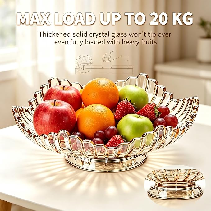 Rotatable Crystal Glass Fruit Bowl, Extra Large Flower Tray 12In | Smooth 360° spinning base, max 20kg load for kitchen & dining display