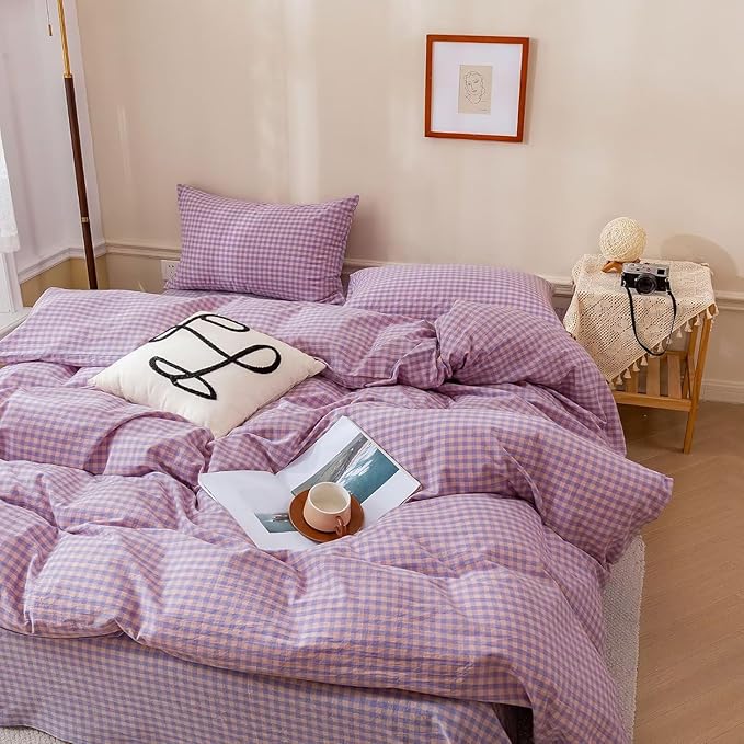 mixinni Purple Gingham Grid Duvet Cover Twin, 100% Washed Cotton Modern Geometric Bedding Set with 2 Pillowcases, Farmhouse Style Yellow Plaid Comforter Cover Set for Men & Women, Soft & Lightweight