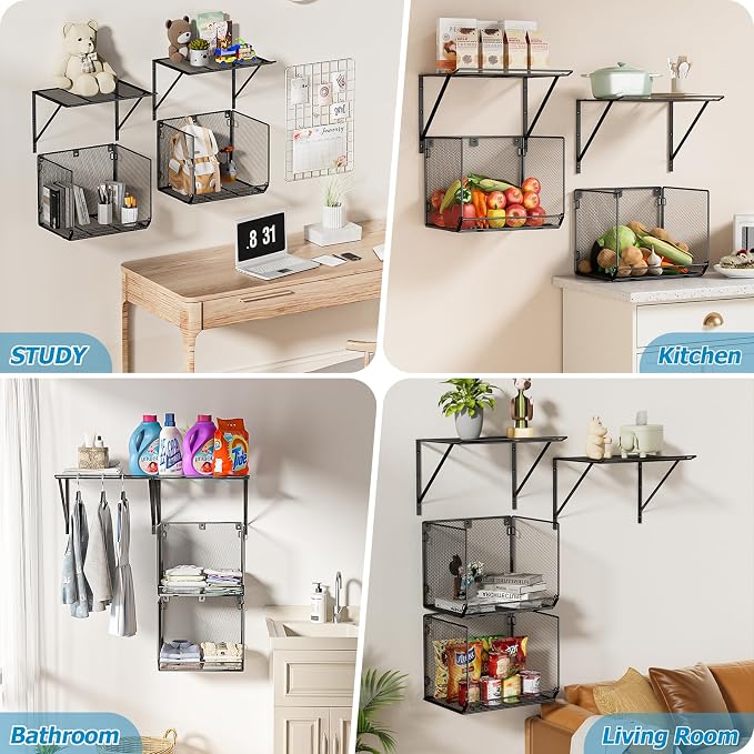 2 Pack Laundry Room Shelves Organization and Storage,Wall Mounted Clothes Drying Rack with Wire Mesh Basket Over Washer and Dryer, (Black, 2 Pack)