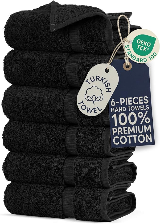 Towel Bazaar 6-Piece Hand Towel Set, 100% Premium Cotton Turkish Towels, 16x30 Luxury Towel Super Soft and Absorbent, Perfect Use for Bathroom, Shower Towels - Black
