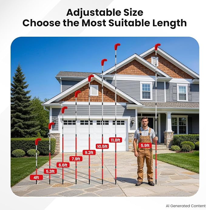 12 FT Gutter Cleaning Tools for Outdoor - Gutter Cleaner Pole with Shovel & Brush for Roof Rain Gutters, Cleans Leaves, Branches & Debris - No Ladder Needed (Red)