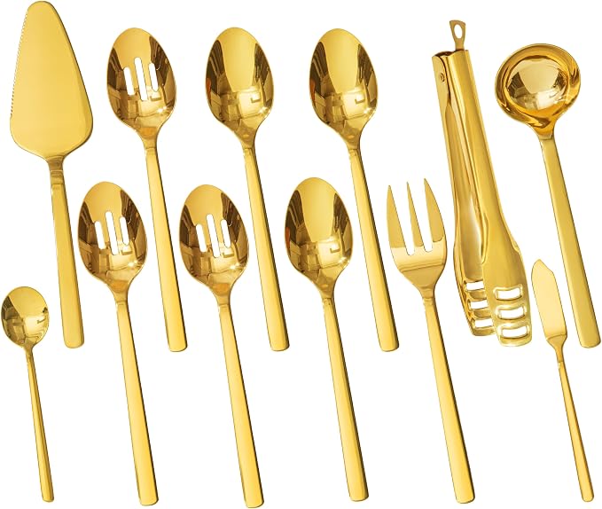 16 piece Large Hostess Serving Utensils Set,18/10 Stainless Steel | Heavy Duty Serving Spoons, Slotted Spoons, Forks, Tongs, Cake Pie Server, Butter Knife,Sugar spoon for Buffet, Wedding, Party