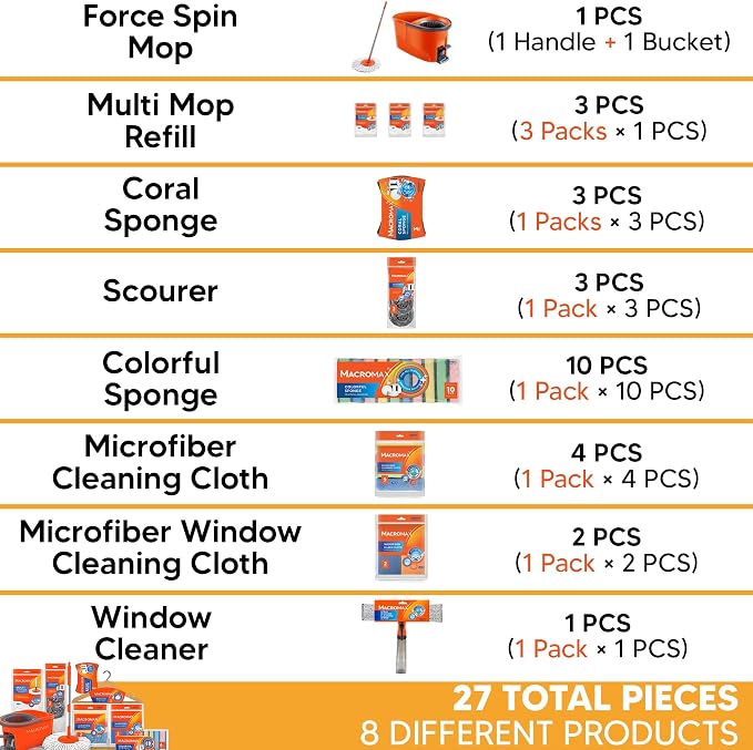 Home Cleaning Kit with Force Spin Mop Microfiber Cloths Sponges Scourers Window Cleaner Supplies Set