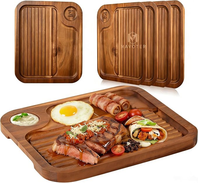4 pcs Acacia Wood Steak Plates,Carnivore Meat Cutting Board for Eating | Carved Wooden Serving Trays Food Serving Platter Cheese Charcuterie Board with Deep Groove & Hidden Handles Housewarming Gift