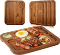 4 pcs Acacia Wood Steak Plates,Carnivore Meat Cutting Board for Eating | Carved Wooden Serving Trays Food Serving Platter Cheese Charcuterie Board with Deep Groove & Hidden Handles Housewarming Gift