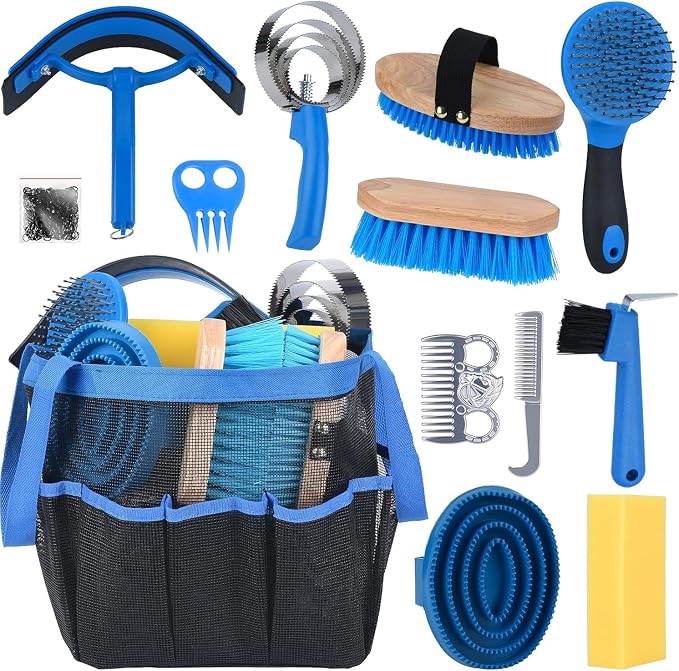 13 Piece Horse Grooming Kit, Horse Brushes for Grooming Supplies with Portable Bag, Horse Brush Set & Curry Comb for Effective Bathing and Massaging, Gift for Horses Riders Beginners (Blue)