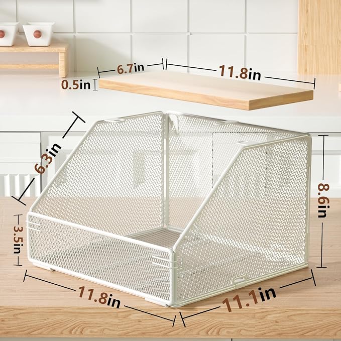 Stackable Fruit Basket for Kitchen Countertop Space Saving, Wall Mounted Mesh Metal Wire Basket with Wood Lid Extra Storage, 2 Pack Kitchen Counter Organizer for Snack, Onion and Potato Storage, White