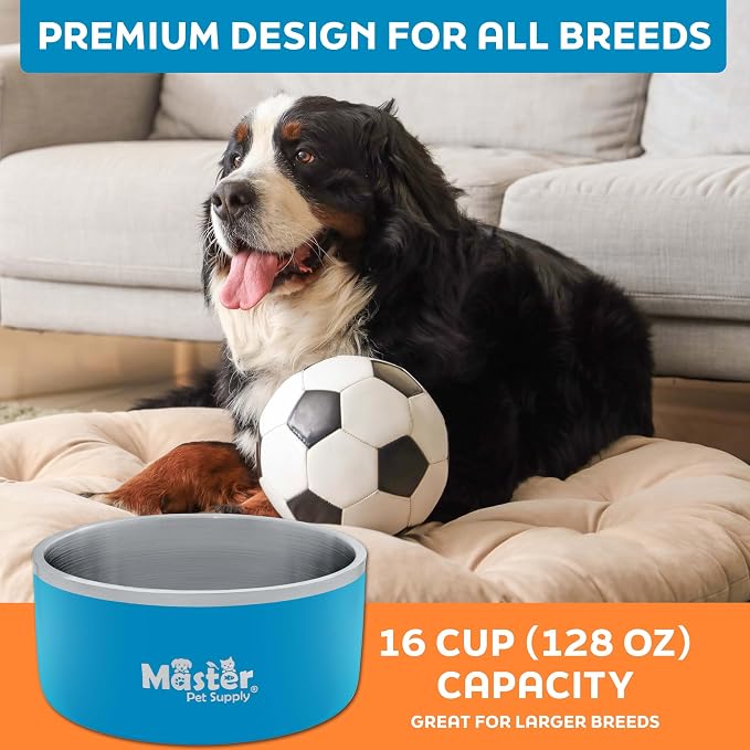 Master Pet Supply Stainless Steel Dog Bowls - 128 oz, Heavy Duty - True Blue, Double Wall Extra-Thick Insulated, Non-Slip Pet Water Bowl for Dogs, Cats & Pets, Anti Rust Metal, Dish Washer Safe