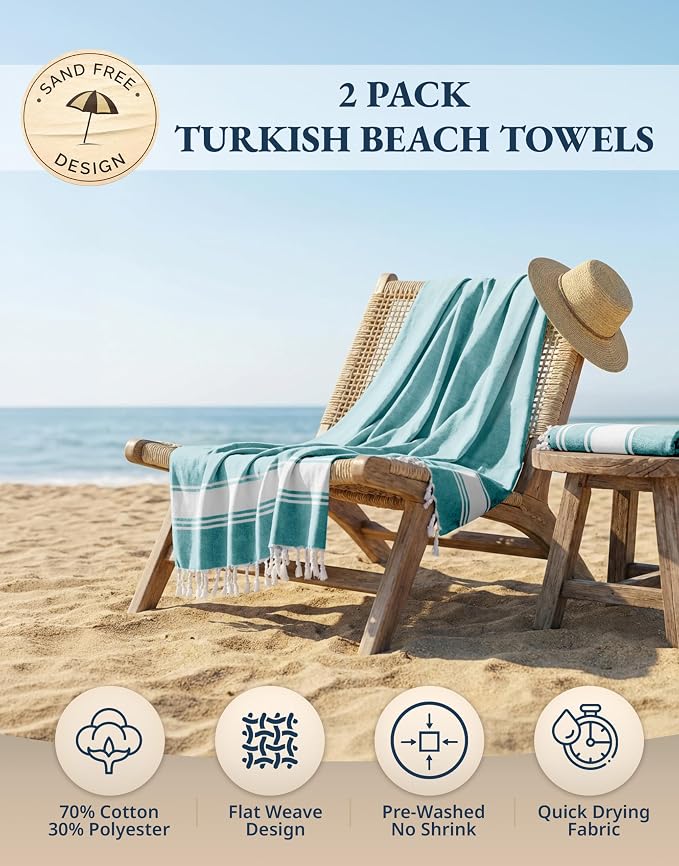 LANE LINEN Beach Towel Oversized, Super Absorbent, Durable - Hunter Green | 2 Pack Turkish Beach Towels - Pre-Washed Stylish Womens - Quick Dry Swim, Sand Free Beach Towel - Vacation Essential, Soft