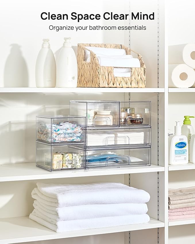 Vtopmart Stackable Storage Drawers Set of 6, Clear Plastic Organizer Bins for Bathroom Supplies, Ideal for Cabinet,Shelf, Pantry, Laundry Room Organization