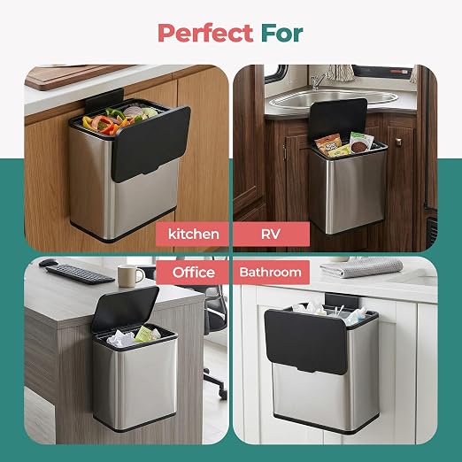 HOLDN’ STORAGE 6L Compost Bin Kitchen for Countertop, Hang-on Cabinet Door, Small Trash Can with Lid, Odor Control, Stainless Steel, Fingerprint-Resistant, for Bathroom, RV, Office
