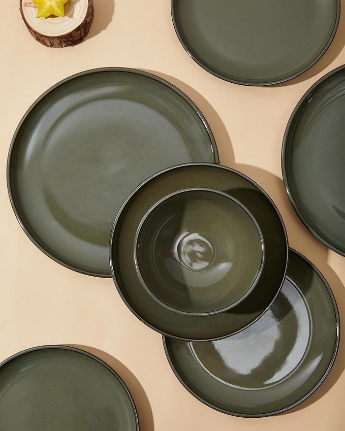 Pokini 18 Piece Dinnerware Set for 6, Reactive Glaze Terracotta Plates and Bowls Set, Large Family-Sized Stoneware Dish Set for Gatherings, Chip and Scratch Resistant, Blackish Green