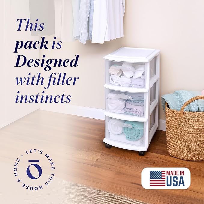 HOMZ Drawer Tower, 3-Tier Rolling Storage Cart with Removable Wheels, White Frame – Plastic Organizer with Clear Bin Drawers for Bedroom, Bathroom, Home Office, and Dorm Room