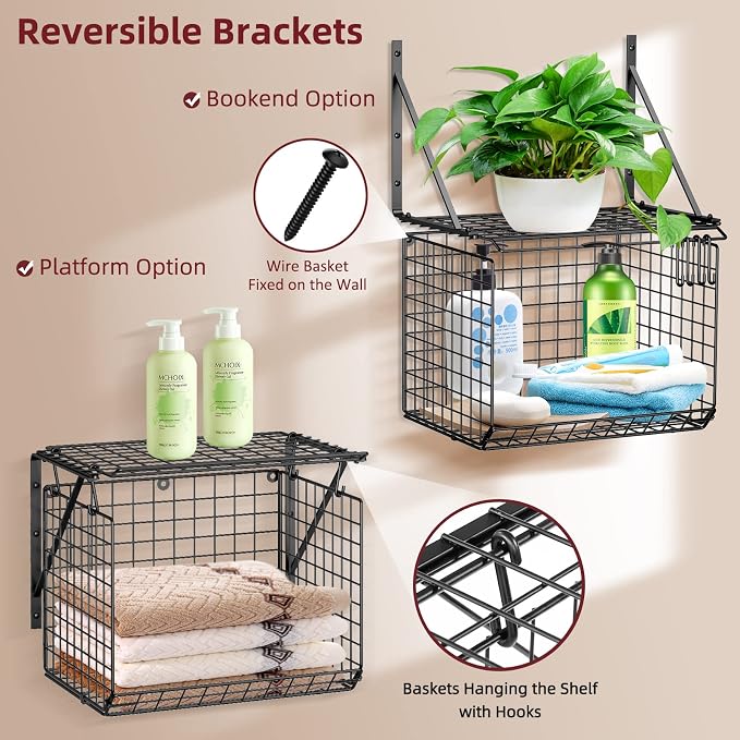3IngSeagulls 2 Pack Laundry Room Shelves, Wire Baskets with 8 Hooks, Over Washer and Dryer Shelf, Wall Mounted Storage and Clothes Drying Rack, Black