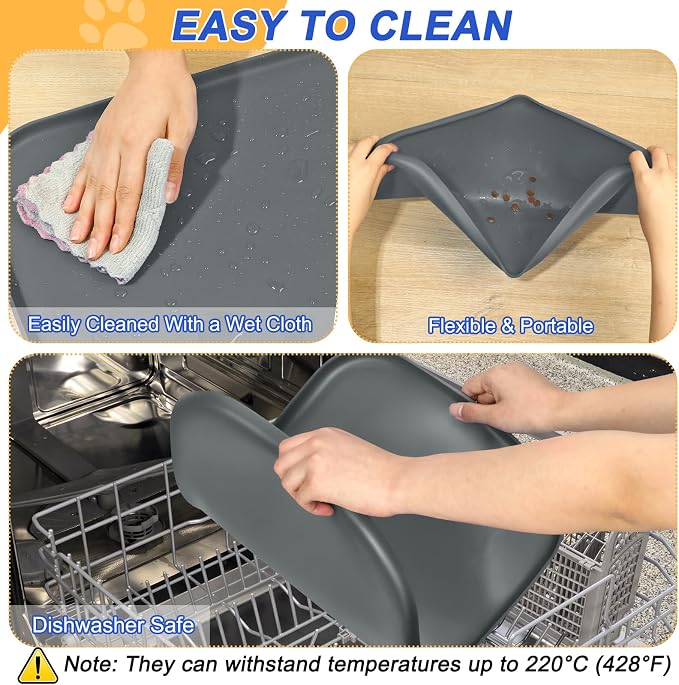 SMILOOL Silicone Pet Feeding Mat with Raised Edge for Food and Water, Dog Bowl Mats, Cat Bowls Placemat with High Lip for Floor Waterproof, Rubber Tray for Cats and Dogs 24 x 16 x 0.8 Dark Grey | 24" x 16" Non-Slip Pet Feeding Mats with Lip for Food & ...