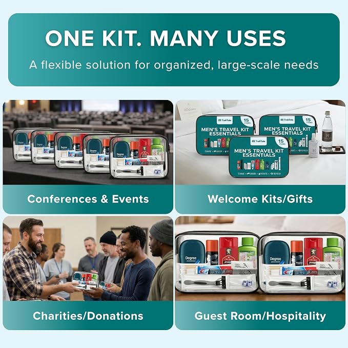 Bulk Mens 15 Piece Set Hygiene Kits, Bulk Toiletries Kits Travel Size, Bulk Care Kits for Bulk Cases 25 Case Pack