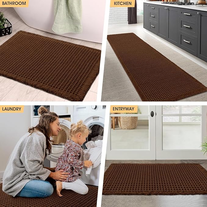 IM HOME Waffle Bath Mat Set 2 Piece Brown,Woven Modern Bath Rug Mats, Absorbent Non Slip Bath Floor Mat, Soft Washable Boho Bath Rugs with Tassels for Bathroom, Bedroom, Kitchen,Tub