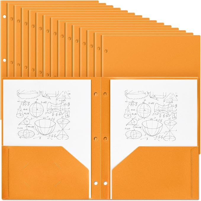 Yeaqee 50 Pcs Plastic Folders with Pockets Bulk 3 Hole Punched 2 Pocket File Folders for 3 Ring Binder Divider Folder for Notebooks, Durable Poly for Office Home (Orange)