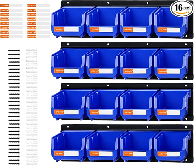 16pc Wall-Mounted Storage Organizer Set with Metal Rails Blue | Heavy duty tool organization box with metal rails. Ext 5"x4"x3" for garage screws nuts bolts.