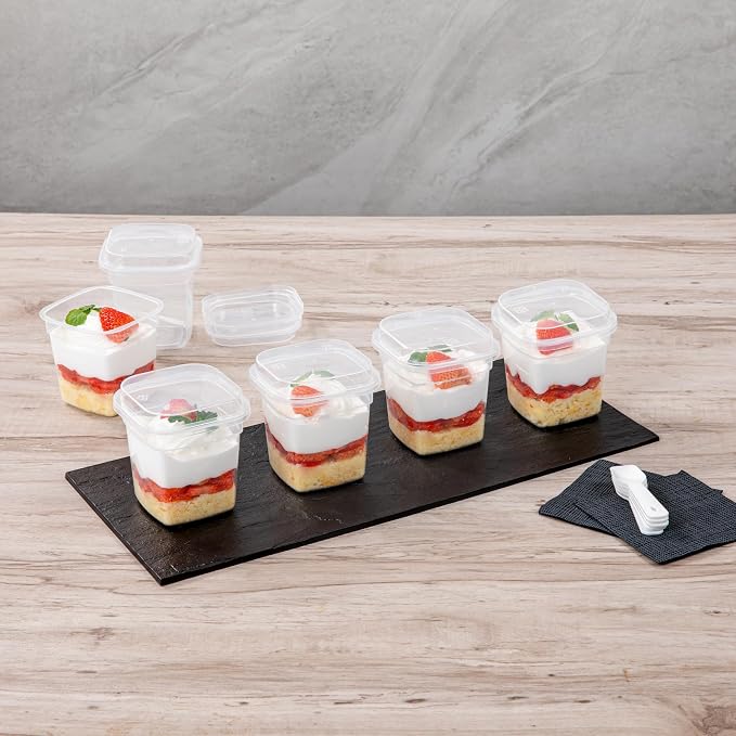 Restaurantware-Mini Serve 6.7 Ounce Dessert Cups With Lids And Spoons, 25 Disposable Serving Cups - Durable, Stackable, Clear Plastic Parfait Containers, For Dessert Take Out And Delivery Orders