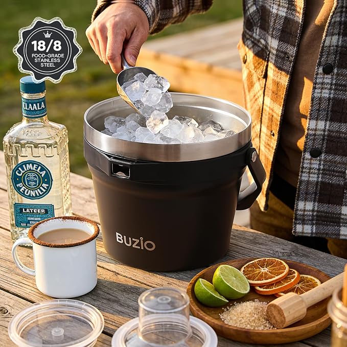 BUZIO 7.4 Qt/7 L Large Insulated Ice Bucket with Lid and Scoop & Tongs | Double Wall Vacuum Stainless Steel Beer Bucket, Holds 6 Longnecks or 3 Wine Bottles, for Parties, Cocktail Bar, Camping
