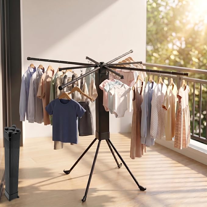 Laundry Drying Rack Collapsible, Foldable Clothes Drying Rack, Indoor Clothes Drying Rack, with 16 Clips Portable Clothes Drying Rack for Hanging Clothes, Indoor, Camping, Balcony, Outdoor