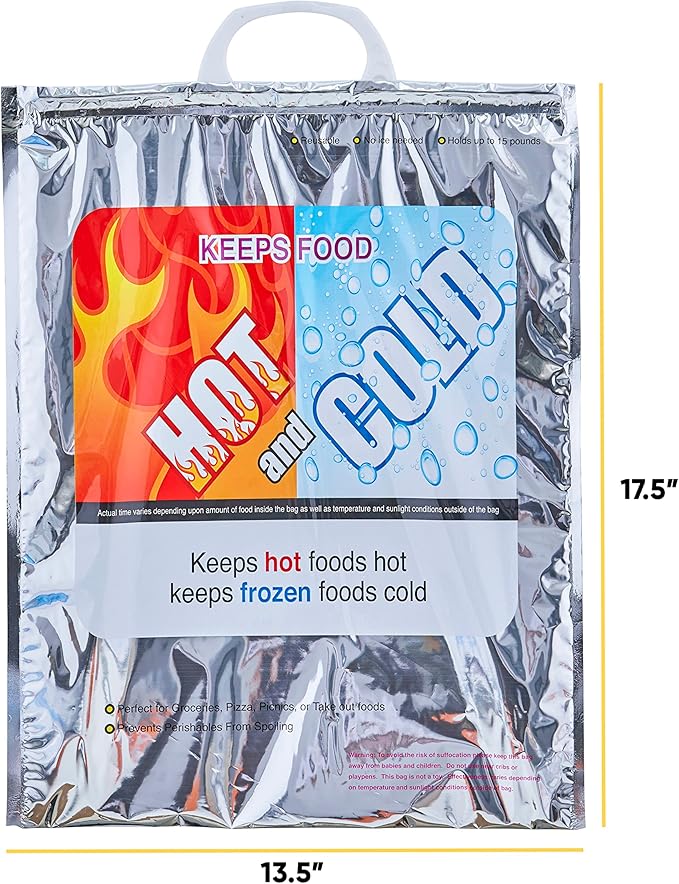Superio Hot and Cold Insulated Bags for Food Delivery, Grocery Shopping Bags, Food Storage for Hot and Frozen Food for Travel, Disposable Cooler Bag, Reinforced Thermal Lunch Bag (2, 13.5"x17.5")