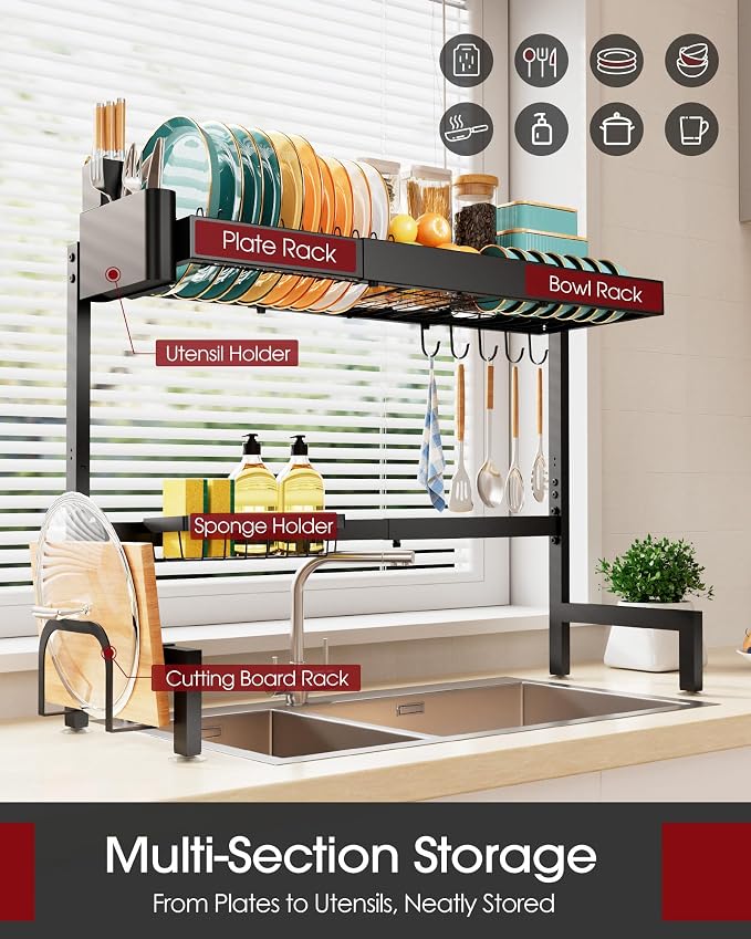 Sakugi 2-Tier Dish Drying Rack Over The Sink, Expandable for Counter | Rustproof Stainless Steel Kitchen Storage Accessories, Space-Saving 30"–34.5"Lx12"Wx25"H, Black