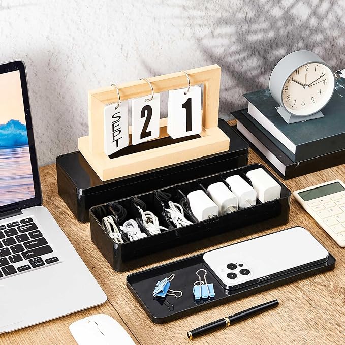 Tatuo 2 Pcs Cable Organizer Box with Wire Ties, Plastic Cord Storage Box with Lid, Electronics Organizer for Home Office Desk Organizers and Accessories (Black)