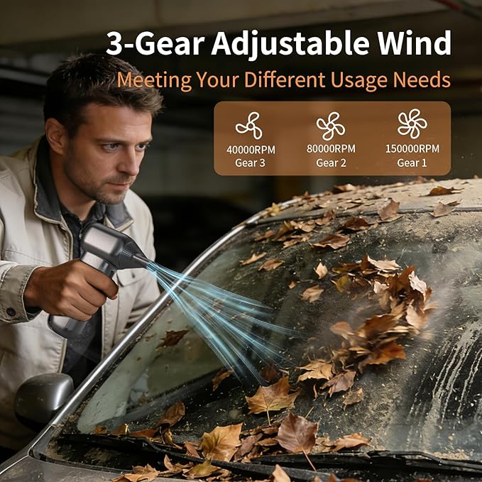 Electric Air Duster-150000RPM Super Power Turbo Fan with LED Display, 8000mAh Super Power Cordless Air Duster, 3-Gear Brushless Motor Blower, 5-in-1 Cleaning Kit for PC, Keyboard, Car, Outdoor