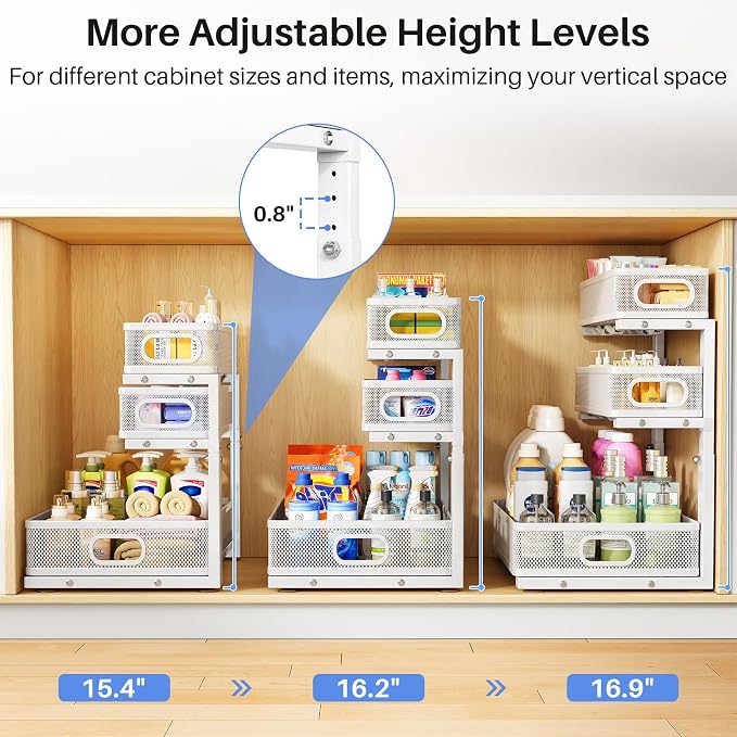 Under Sink Organizer, 1-Pack 3-Tier Thickened Metal Pull out Cabinet Organizer Shelf, Height Adjustable Slide out Storage Drawer Rack for Kitchen Bathroom Pantry Laundry Home Organization, White