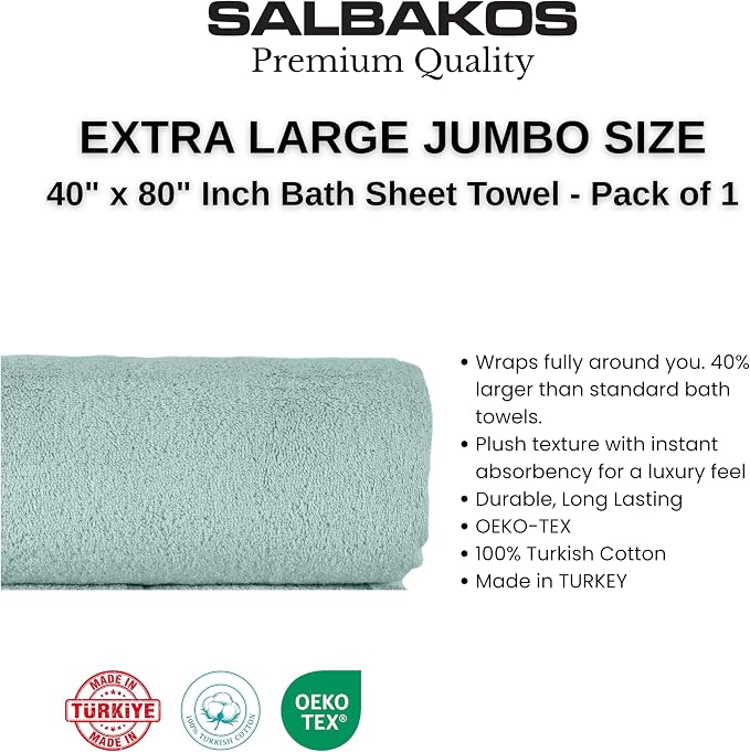 SALBAKOS 100% Turkish Cotton Bath Sheet 40x80 inch (1-Piece Seafoam Green) | Extra Large Jumbo Oversized Bathroom and Beach Towel, Super Soft Highly Absorbent Thick Premium Hotel Quality, Made in Turkey