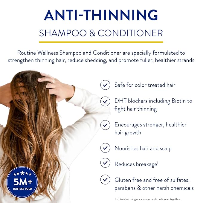 Routine Wellness Anti-Thinning Shampoo and Conditioner Set for Thinning Hair - Biotin DHT Blocker Women & Men - Color Safe Shampoo for Hair Loss & Healthier Hair - Rosemary & Lemongrass & Rosemary Set