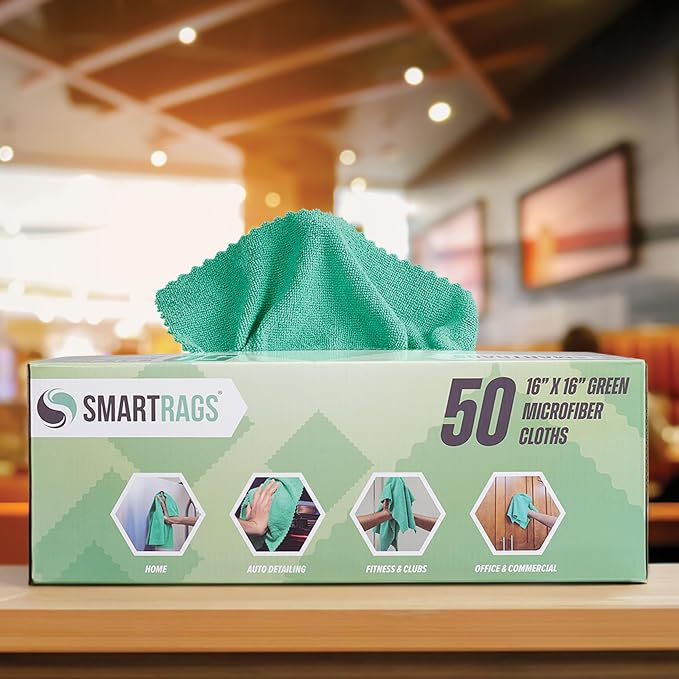 Arkwright Smart Rags Microfiber Cleaning Cloths, Pack of 50 in a Box, Lint Free 215 GSM Reusable Towels for Auto, Office and Household Cleaning, 16 x 16 in, Green