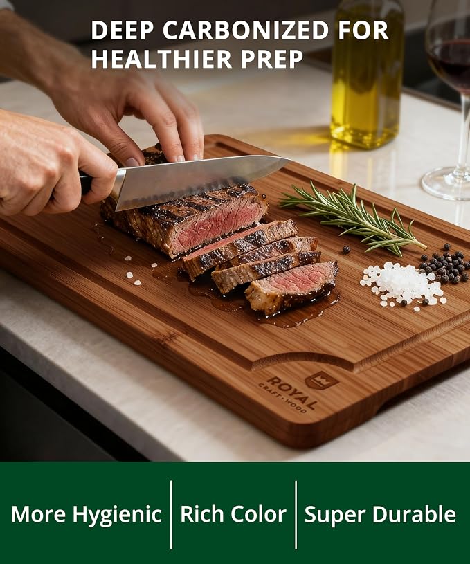 ROYAL CRAFT WOOD Wooden Cutting Boards for Kitchen Appliances - Non Toxic Bamboo Wood Cutting Board Set with Deep Juice Groove, Side Handles, Charcuterie & Butcher Block for Meat, Meal Prep & Serving
