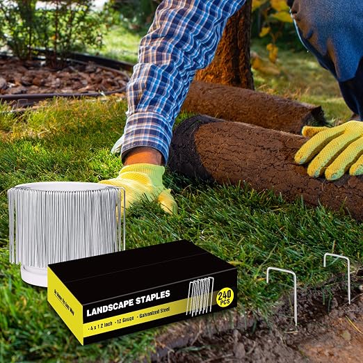 HongWay 240 Pack Landscape Staples 4 Inch, Galvanized Garden Stakes | 12 Gauge Ground Staples Sod Pins Yard Stakes for Landscape Weed Barrier Fabric, Gardening, Lawn, Turf, Irrigation Tube