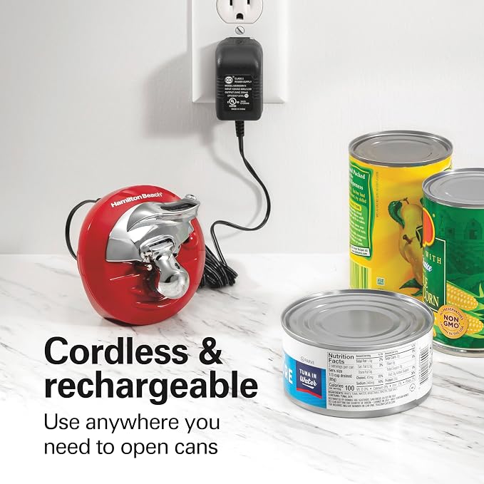 Hamilton Beach Walk 'n Cut Electric Can Opener for Kitchen, Use On Any Size, Automatic and Hand-Free, Cordless & Rechargeable, Easy Clean Removable Blade, Red (76506)