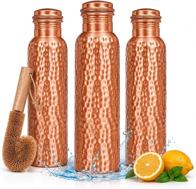 Copper Water Bottle, Ayurvedic Pure Copper Bottle For Drinking - Drink More Water, Lower Your Sugar Intake And Enjoy The health Benefits Immediately - 32 OZ 1Cleaning Brush +3 hammered Bottle