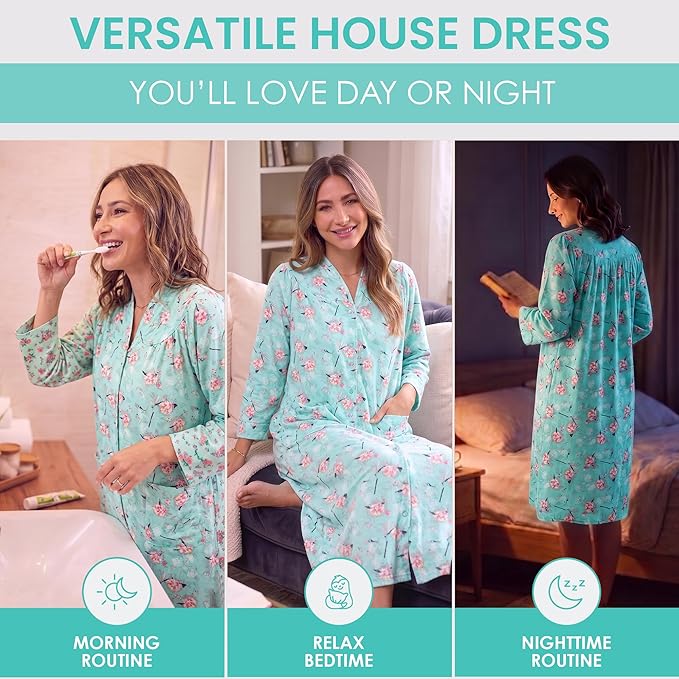 Casual Nights Women's Floral Snap Front Flannel Duster Long Sleeve Lounger Dress