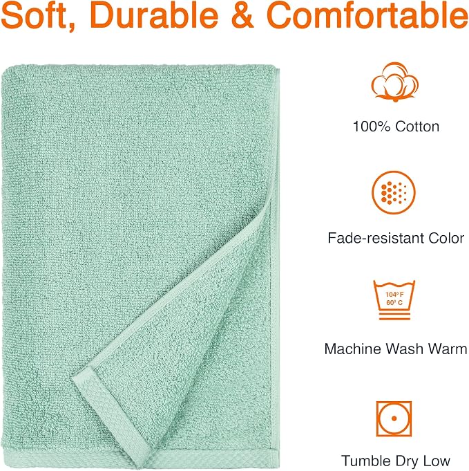 Amazon Basics 2-Pack Quick-Dry Lightweight Moisture Absorbing Bath Towel, 100% Cotton, 54" x 30", Seafoam Green