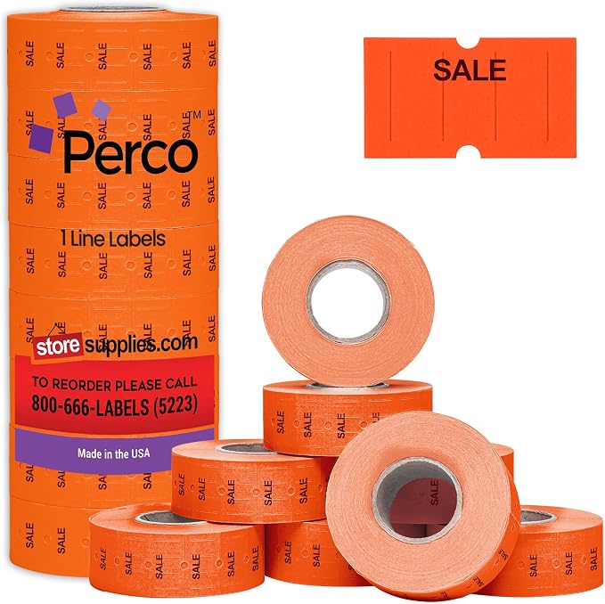 Perco 1 Line Fluorescent Red Sale Labels - 8,000 Blank Price and Date Gun Labels for Perco Lite, X, Plus and Pro 1 Line Price and Date Guns- 8 Rolls, 1 Sleeve - Made in USA