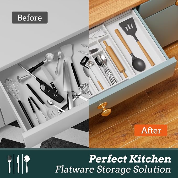 Silverware Organizer Large, Magnetic Connected Expandable 13 Slots Silverware Drawer Organizer from 21 to 37.4 Inches, Adjustable Flatware and Cutlery Holder, Bamboo Utensil Tray for Kitchen White