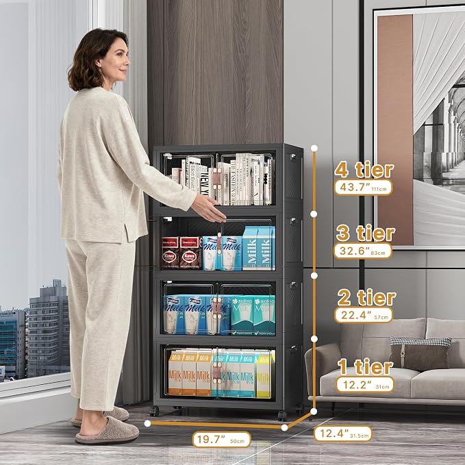 Stackable Storage Bins, 220QT Collapsible Drawers with 1 Lid | Large Capacity, Magnetic Door, Stack Lock, Rolling Wheels, Foldable Design, Organizers and Storage for Bedroom Dorm Garage
