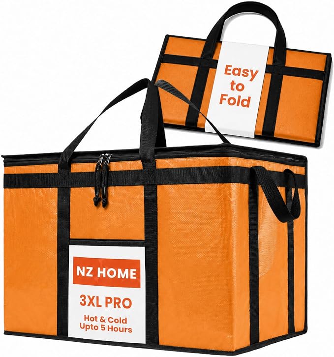 PRO Large Insulated Food Delivery Bag (3XL, Orange, 1 Pack) | Thermal bag, For cold & hot food, Water-resistant, Portable cooler, Soft sided catering tote, Grocery bag with zippered top