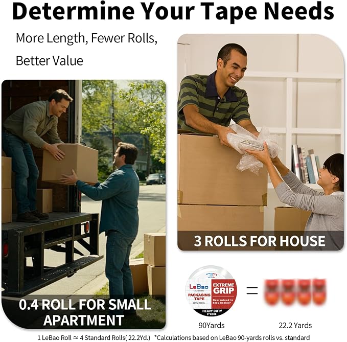 Heavy Duty Packing Tape with Dispenser, 6 Rolls Clear Shipping Tape 2 Inch x 90 Yards x 2.8 Mil Thickness, Strong Adhesive for Moving Boxes & Packages Supplies