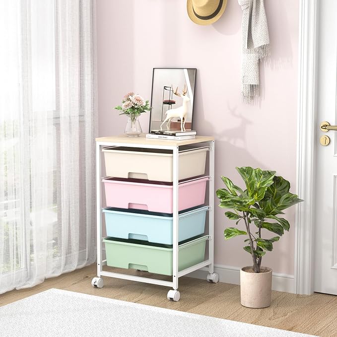 Utility Cart with 4 Drawers,Rolling Storage Cart with Drawers,Storage Rolling Drawer Cart,Rainbow