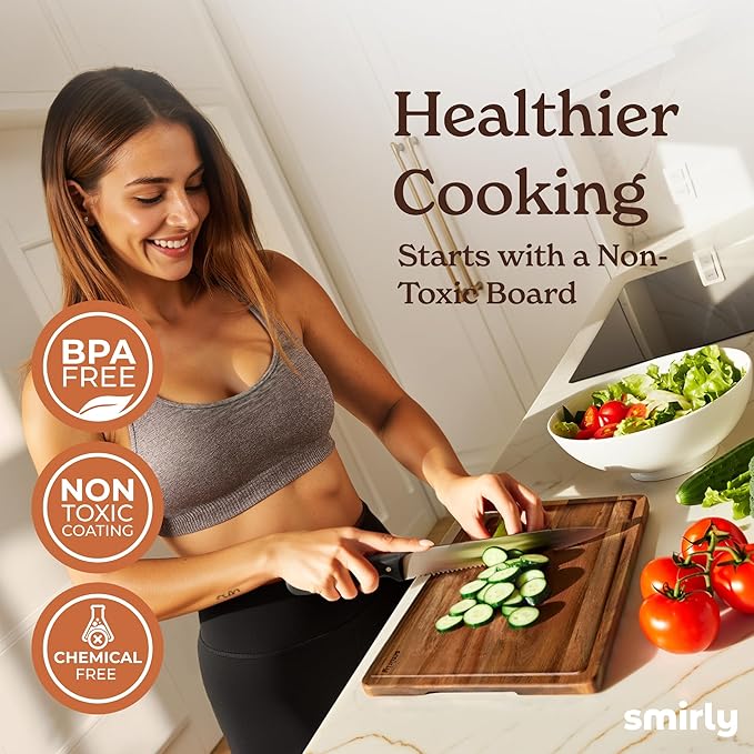 SMIRLY Acacia Wood Cutting Board - 2 Pack Cutting Boards for Kitchen | Non Toxic Acacia Cutting Board with Juice Grooves and Handles, Multiple Sizes Chopping Board for Meal Prep & Charcuterie