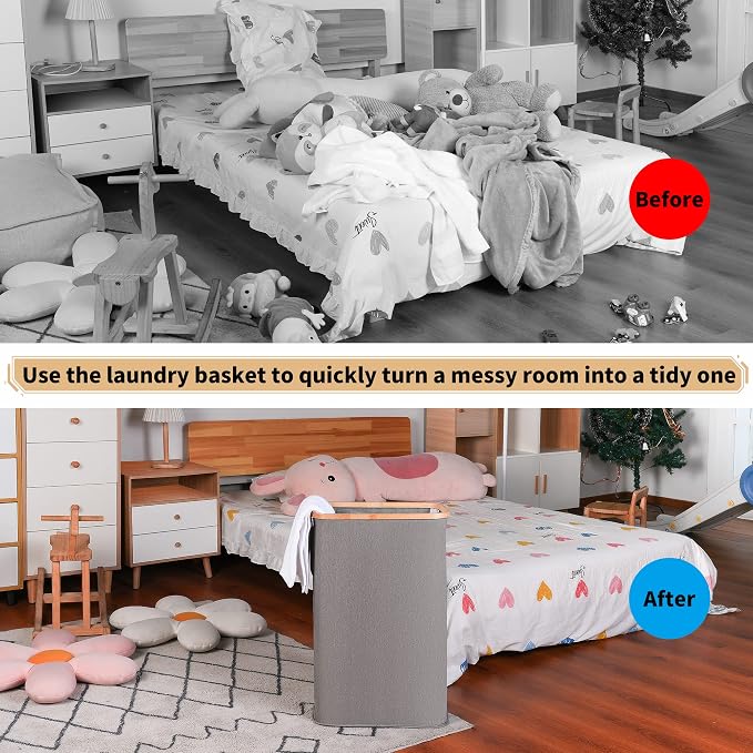 iEGrow 65L Slim Laundry Hamper, Narrow Laundry Basket with Lid,Foldable Clothes Hamper with Bamboo Handles,Hamper Basket with Removable Inner Bag for Laundry Room Bedroom College Dorm,17.17 Gals Grey