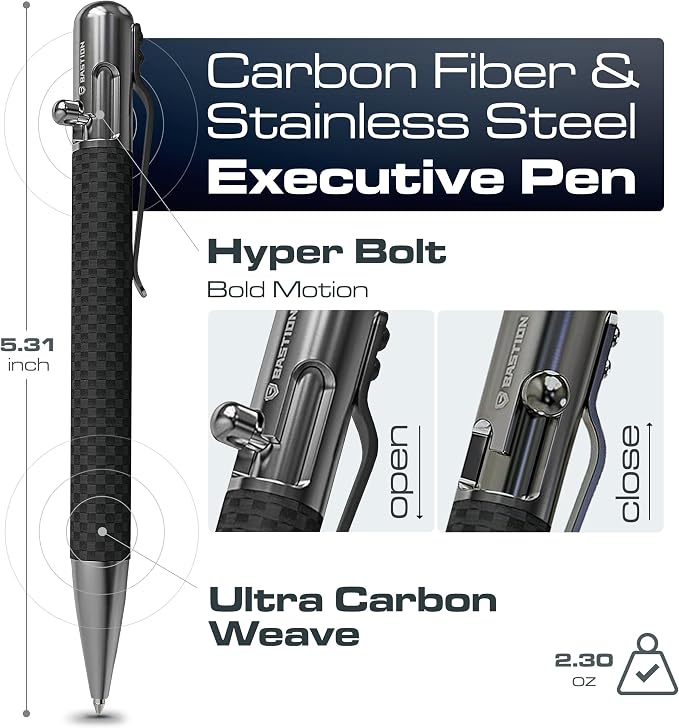 BASTION Bolt Action Pen, Carbon Fiber & Stainless Steel, HyperBolt EDC Pen, Refillable Lightweight Writing Pen, Premium Graduation Gift, Executive Pocket Pen